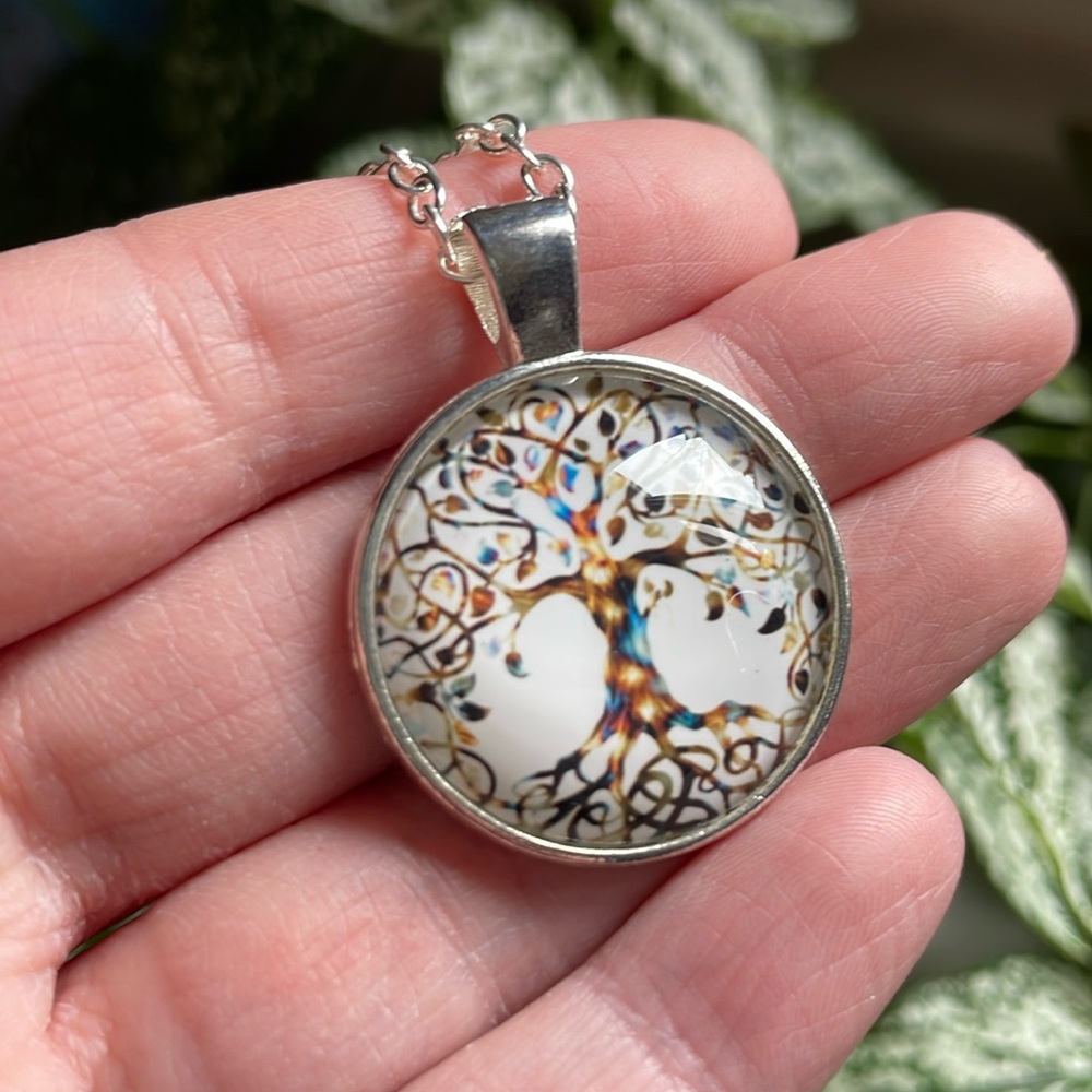 Colorful tree of life domed artwork pendant pagan witchy Wicca unisex